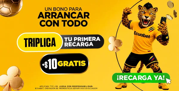 Banner del bono de bienvenida de Ecuabet: la mascota jaguar con camiseta amarilla sostiene un teléfono junto al mensaje de triplicar la primera recarga