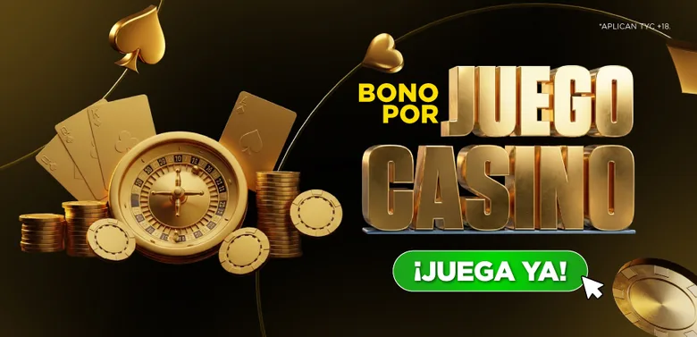 Banner sobre fondo negro y dorado con una ruleta de casino, pilas de fichas y naipes de picas, el texto «Bono por juego casino» en letras doradas y un botón verde que dice «¡Juega ya!»
