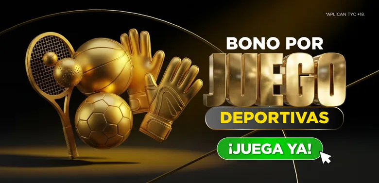 Banner dorado con una raqueta de tenis, un balón de baloncesto, un balón de fútbol y un guante de arquero, junto al texto «Bono por juego deportivas» y un botón verde «¡Juega ya!»