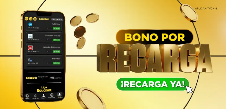 Maqueta de teléfono con la pantalla de recarga de ecuabet: lista de redes de pago en efectivo (Ya Ganaste, Farmacias Medicity, Farmacias Económicas, Ponte Más) con montos mínimo y máximo, junto al rótulo dorado BONO POR RECARGA