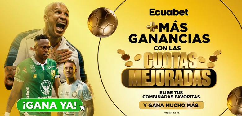 Banner sobre fondo amarillo con tres futbolistas de la liga ecuatoriana celebrando y un balón dorado, con el texto «Más ganancias con las cuotas mejoradas» y un botón verde «¡Gana ya!»