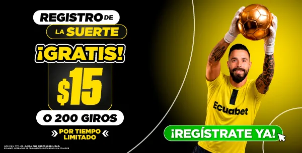 Banner oscuro "Registro de la suerte ¡Gratis! $15 o 200 giros por tiempo limitado" con un arquero de camiseta amarilla de Ecuabet sosteniendo un balón dorado