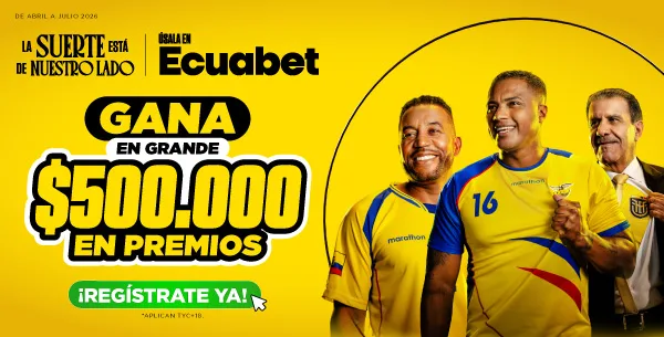 Publicidad del Sorteo Mundialista de Ecuabet con tres hombres vistiendo la camiseta amarilla de la selección ecuatoriana sobre fondo amarillo