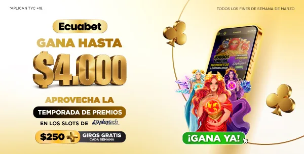Banner que anuncia ganar hasta 4.000 dólares en una temporada de premios de los slots de Playtech, con un teléfono que muestra tragamonedas y el texto «250 + giros gratis cada semana»
