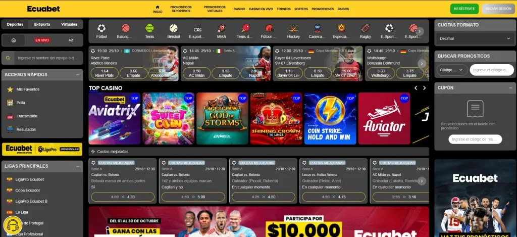 Captura de la portada del operador con la barra de categorías arriba, una cuadrícula de juegos y un banner promocional a la derecha.