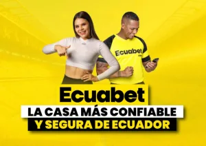 Banner amarillo con dos personas señalando hacia abajo y la frase «la casa más confiable y segura de Ecuador» en letras blancas y negras.