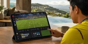 Persona sentada al aire libre con una tablet en la que se ve un partido de fútbol en curso.